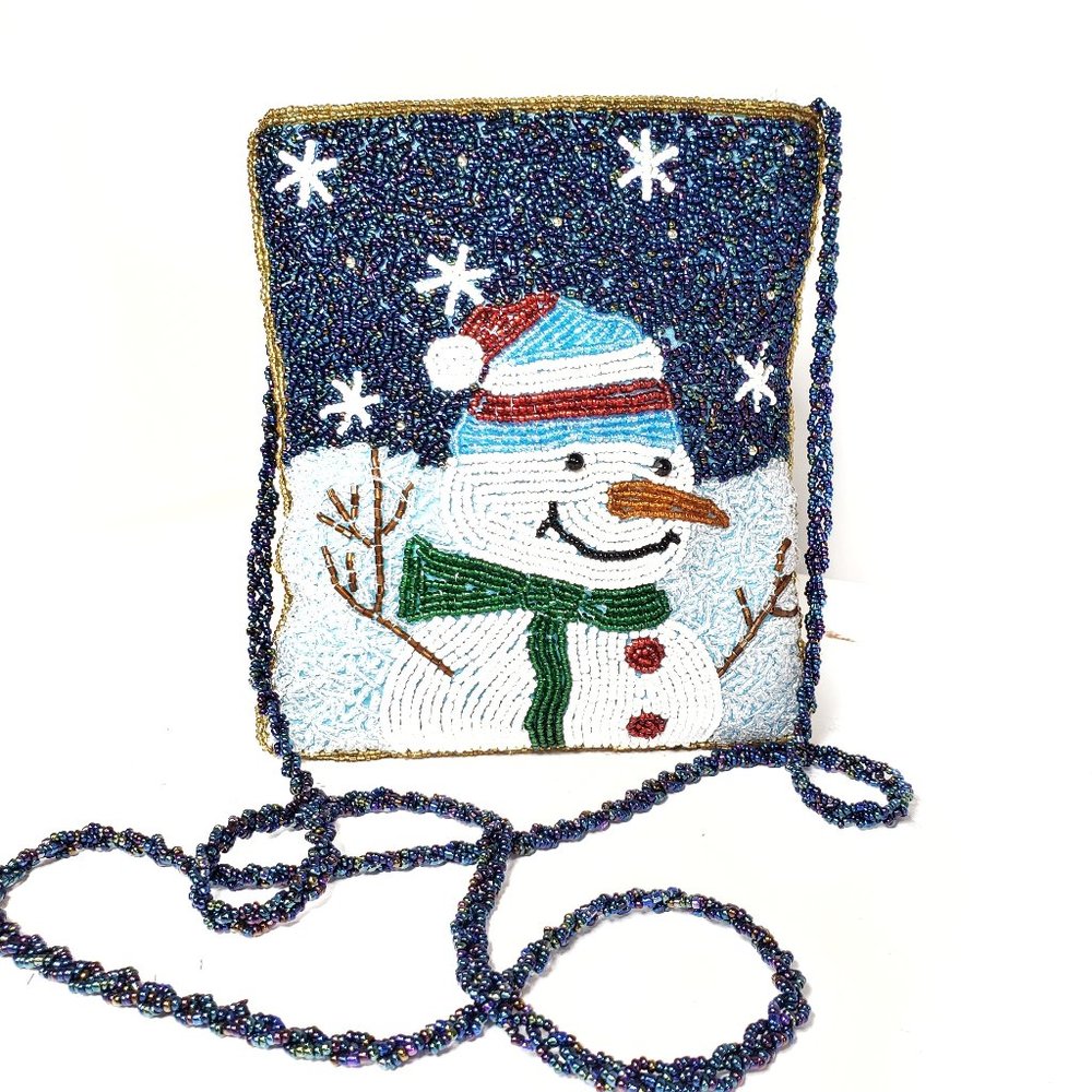 Beaded Holiday Snowman Bag with Beaded Shoulder Strap